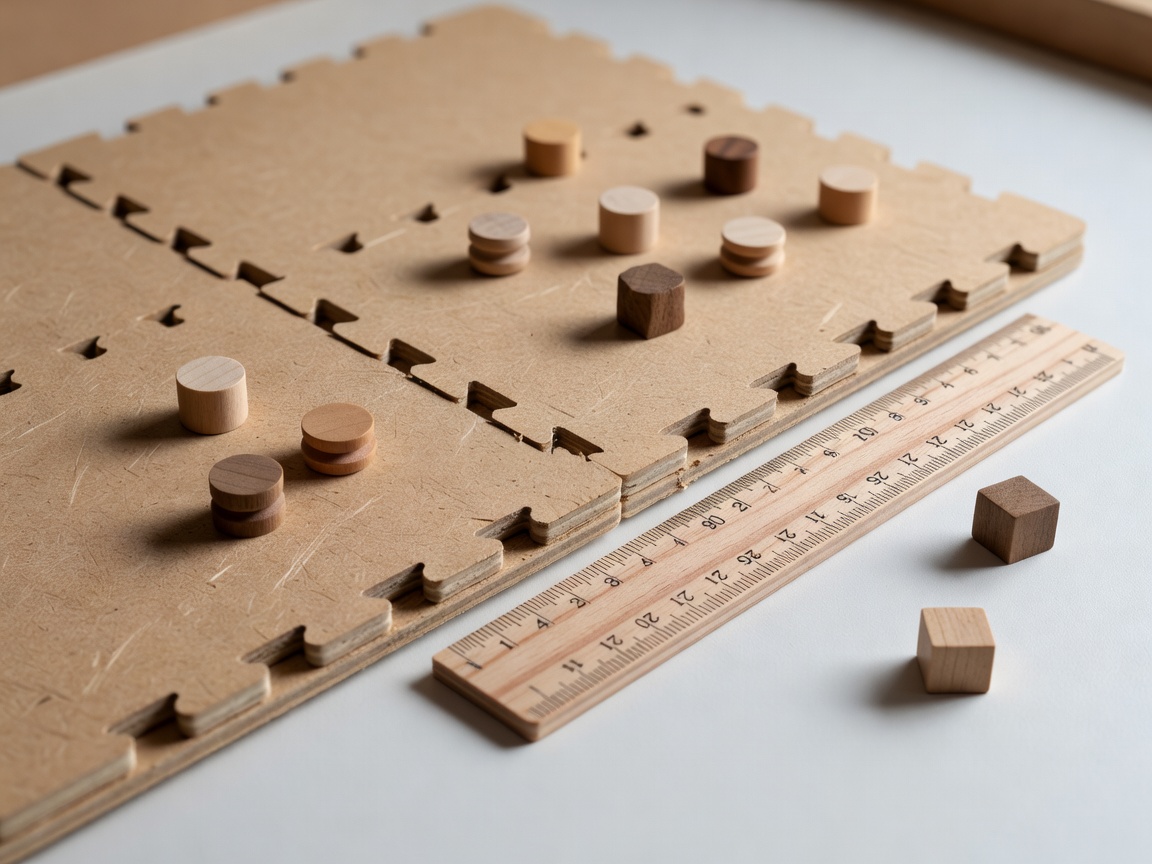 Close-up of a dry-fitted chipboard insert joint with wooden game tokens and a ruler