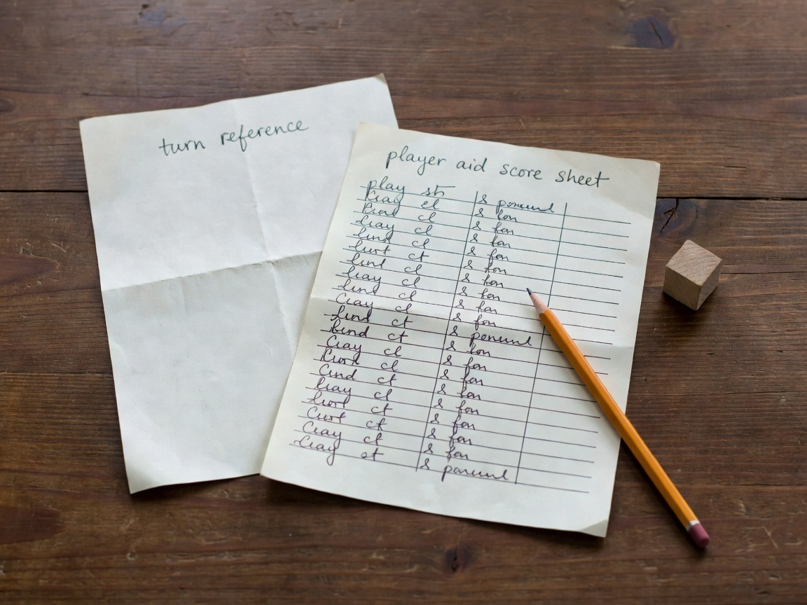 Paper turn reference and handwritten score sheet beside a pencil and wooden cube