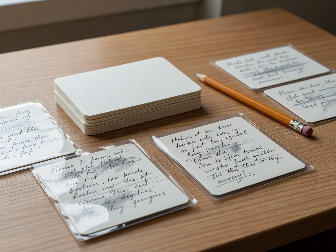 Handwritten card slips in sleeves beside a pencil and a small stack of backing cards