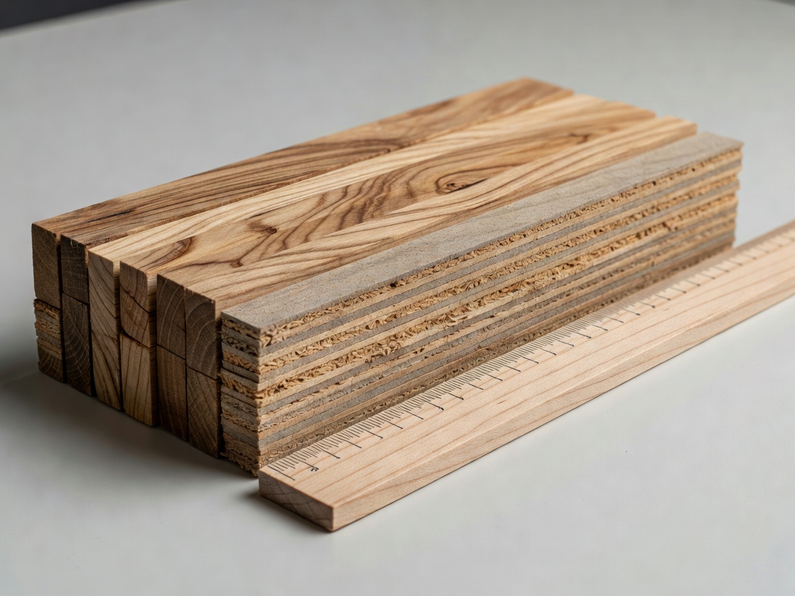 Wooden token edges and layered chipboard samples next to a millimetre ruler